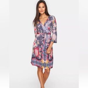 Johnny Was Deleal Floral Print Faux Wrap Dress 3/4 Sleeves Sz S
